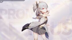 Rule 34 | 1girl, bare legs, breasts, character name, chinese commentary, closed mouth, drill hair, earrings, grey hair, grey skirt, highres, honkai (series), honkai impact 3rd, jacket, jewelry, midriff, official art, official wallpaper, open clothes, open hands, open jacket, prometheus (honkai impact), red eyes, simple background, skirt, small breasts, solo, standing, upper body, white jacket
