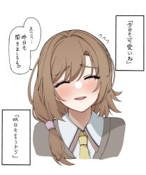 Rule 34 | 1girl, ^ ^, blush, brown hair, close-up, closed eyes, collared shirt, commentary, eyelashes, facing viewer, flying sweatdrops, happy, heart, highres, long hair, low-tied long hair, low side ponytail, mikuni sairi, necktie, open mouth, school uniform, shirt, shy, simple background, smile, solo, swept bangs, tenshi souzou re-boot!, tft (tft7822), translated, white background, white shirt, yellow necktie