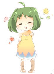 Rule 34 | 00s, 1girl, ahoge, arms behind back, blush, boots, closed eyes, dress, female focus, flower, green hair, macross, macross frontier, open mouth, pigeon-toed, ranka lee, scarf, short hair, simple background, sleeveless, sleeveless dress, smile, solo, white background, yellow dress