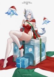 Rule 34 | 1girl, 2022, absurdres, ankle ribbon, blue eyes, box, braid, breasts, bright pupils, capelet, character name, chinese commentary, christmas, cleavage, closed mouth, commentary request, covered navel, detached sleeves, english text, expressionless, feet, full body, fur-trimmed capelet, fur-trimmed sleeves, fur trim, genshin impact, gift, gift box, gradient eyes, green ribbon, grey hair, hair over one eye, hand up, hat, heel up, highleg, highleg leotard, highres, holding, holding ribbon, leg ribbon, legs, leotard, long hair, long sleeves, looking at viewer, low-braided long hair, low-tied long hair, medium breasts, merry christmas, multicolored eyes, no shoes, on box, pom pom (clothes), purple eyes, red capelet, red leotard, red ribbon, red sleeves, ribbon, sanhuan, santa costume, santa hat, see-through, see-through legwear, shenhe (genshin impact), sidelocks, simple background, single braid, sitting, sitting on box, sleeves past wrists, slime (genshin impact), solo, strapless, strapless leotard, swept bangs, thighhighs, thighs, toes, white background, white pupils, white thighhighs