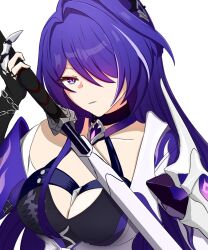 Rule 34 | 1girl, acheron (honkai: star rail), armor, bandaged arm, bandages, black choker, black gloves, breasts, chain, chain around arm, choker, cleavage, coat, collarbone, commentary request, criss-cross halter, diamond-shaped pupils, diamond (shape), gloves, hair intakes, hair ornament, hair over one eye, halterneck, highres, holding, holding sword, holding weapon, honkai: star rail, honkai (series), large breasts, long hair, looking at viewer, multicolored hair, parted lips, purple eyes, purple hair, rkgkmk, scabbard, sheath, shoulder armor, simple background, single bare shoulder, solo, streaked hair, sword, symbol-shaped pupils, unsheathing, upper body, very long hair, weapon, white background, white coat