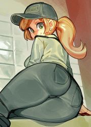 Rule 34 | 1girl, arm support, ass, baseball cap, blonde hair, breasts, five nights at freddy&#039;s: security breach, green eyes, hat, looking back, pants, ponytail, shirt, sitting, smile, solo, vanessa (fnaf), wamudraws
