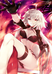 Rule 34 | 1girl, absurdres, ahoge, bad id, bad pixiv id, bikini, black bikini, black jacket, breasts, choker, cleavage, commentary request, cowboy shot, fate/grand order, fate (series), gradient background, hair between eyes, highres, jacket, jeanne d&#039;arc alter (swimsuit berserker) (fate), jeanne d&#039;arc (fate), jeanne d&#039;arc alter (fate), jeanne d&#039;arc alter (swimsuit berserker) (fate), large breasts, long hair, looking at viewer, md5 mismatch, o-ring, palm tree, red background, red thighhighs, resolution mismatch, satsuki misuzu, shrug (clothing), sitting, solo, swimsuit, thigh strap, thighhighs, tree, yellow eyes