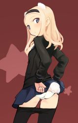 Rule 34 | 10s, 1girl, aleksandra i. pokryshkin, animal ears, bad id, bad pixiv id, blonde hair, blue eyes, brave witches, clothes pull, hairband, long hair, pantyhose, pantyhose pull, shimada fumikane, solo, strike witches, tail, world witches series
