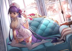 Rule 34 | 1girl, bb (bb shot!) (fate), bb (fate), breasts, bubble1995, choker, cleavage, dress, fate/extra, fate/extra ccc, fate/grand order, fate (series), garter straps, hair ribbon, hand on own hip, hat, highres, large breasts, long hair, looking at viewer, no shoes, nurse, nurse cap, purple eyes, purple hair, red ribbon, ribbon, short dress, short sleeves, smile, solo, sunlight, syringe, thighhighs, very long hair, white dress, white thighhighs, window, wrist cuffs