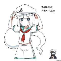 Rule 34 | 2girls, anchor, anchor symbol, black coat, black hair, blunt bangs, closed mouth, coat, cosplay, crossed arms, dated, ghost, green eyes, green sailor collar, hands on headwear, hat, highres, hoshii 1213, konpaku youmu, konpaku youmu (ghost), multiple girls, murasa minamitsu, murasa minamitsu (cosplay), neckerchief, red neckerchief, sailor, sailor collar, sailor hat, sailor shirt, shirt, short sleeves, shorts, simple background, smile, standing, touhou, sunken fossil world, twitter username, white background, white hair, white headwear, white shirt, white shorts