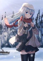 Rule 34 | 1girl, absurdres, alternate costume, black skirt, black sweater, black thighhighs, blue eyes, brown jacket, dfd, flat cap, hammer and sickle, hat, hibiki (kancolle), highres, jacket, kantai collection, long hair, long sleeves, miniskirt, open clothes, open jacket, outdoors, pleated skirt, red scarf, red star, scarf, silver hair, skirt, snowing, solo, standing, star (symbol), sweater, thighhighs, tree, verniy (kancolle), white hat