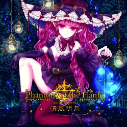 Rule 34 | 1girl, album cover, album name, belt, black footwear, black gloves, boots, breasts, choker, cleavage, closed mouth, commentary request, cover, detached sleeves, dress, elbow gloves, gloves, hat, highres, holding, holding lantern, lantern, long hair, looking at viewer, medium breasts, original, pink eyes, pink hair, pointy ears, single detached sleeve, single glove, single thighhigh, smile, solo, star (symbol), strapless, strapless dress, thighhighs, tochigi kirihito, very long hair, wavy hair, witch hat