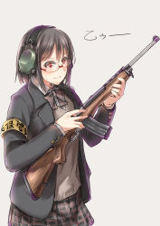 Rule 34 | 1girl, absurdres, armband, ayyh, black hair, ear protection, glasses, gun, highres, holding, holding gun, holding weapon, orange eyes, original, rifle, ruger mini-14, school uniform, short hair, simple background, solo, weapon