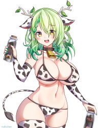 Rule 34 | 1girl, :d, animal ears, animal print, antlers, bell, bikini, bottle, braid, breasts, ceres fauna, cleavage, cow ears, cow print, cow print bikini, cow tail, cowbell, french braid, green hair, green nails, highres, hololive, hololive english, horns, large breasts, leaf, long hair, midriff, milk, milk bottle, nail polish, navel, neck bell, ninomae ina&#039;nis, open mouth, print bikini, roshi chen, simple background, smile, solo, swimsuit, tail, thighhighs, virtual youtuber, white background, yellow eyes, zettai ryouiki