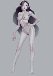 Rule 34 | 1girl, barefoot, breasts, contrapposto, ecat, full body, grey background, hand on own hip, highres, large breasts, lips, lipstick, long hair, looking at viewer, makeup, navel, nipples, original, parted lips, pointy ears, pussy, solo, standing, tiptoes, uncensored, very long hair