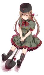 Rule 34 | 1girl, alternate costume, black footwear, black hat, blood, bloody weapon, blush, boots, brown eyes, brown hair, cross-laced footwear, dress, fur hat, green dress, hair between eyes, hair ornament, hairclip, hat, highres, ido (teketeke), kantai collection, lace-up boots, long hair, low twintails, papakha, red ribbon, ribbon, short sleeves, shovel, simple background, solo, tashkent (kancolle), twintails, weapon, white background