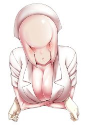 Rule 34 | 1girl, breasts squeezed together, breasts, bubble head nurse, cleavage, crossed arms, gloves, highres, himamushi nyuudou, large breasts, looking at viewer, monster girl, nurse, parted lips, silent hill, silent hill (series), simple background, solo, white background