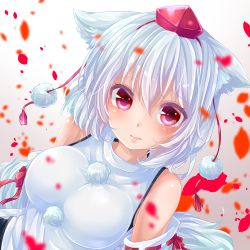 Rule 34 | 1girl, animal ears, bare shoulders, blush, breasts, detached sleeves, hat, inubashiri momiji, looking at viewer, medium breasts, pom pom (clothes), red eyes, ribbon, ribbon-trimmed sleeves, ribbon trim, short hair, silver hair, solo, tail, tokin hat, touhou, upper body, wolf ears, wolf tail, yunagi (arukumaruta)