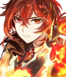 Rule 34 | 1boy, bad id, bad twitter id, close-up, closed mouth, diluc (genshin impact), fire, genshin impact, hair between eyes, long hair, looking at viewer, male focus, ponytail, red eyes, red hair, simple background, solo, sssss2222, white background