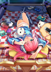 Rule 34 | 1girl, absurdres, blue eyes, blue shirt, book, copyright request, drinking straw, from above, from behind, handheld game console, headphones, highres, long hair, lying, medal, milk carton, navel, nintendo ds, no pants, on back, on bed, one eye closed, open mouth, panties, pink hair, playstation controller, playstation vita, qihai lunpo, rubbing eyes, shirt, solo, spilled milk, striped clothes, striped thighhighs, stuffed animal, stuffed cat, stuffed toy, tears, television, thighhighs, tile floor, tiles, tray, underwear, white panties