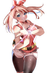 Rule 34 | 1girl, bare shoulders, black shorts, blue eyes, bow, bracelet, brown hair, cowboy shot, creatures (company), fanny pack, game freak, hair bow, highres, jewelry, looking at viewer, may (pokemon), momdy (talesshinja), nintendo, pokemon, pokemon oras, red bow, red shirt, shirt, shorts, sleeveless, sleeveless shirt, smile, solo, teeth, white background