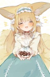 Rule 34 | 1girl, animal ears, arknights, blonde hair, blue hairband, blue skirt, blush, candy, cardigan, chocolate, chocolate heart, closed eyes, commentary request, cross-laced slit, facing viewer, food, fox ears, fox girl, fox tail, frilled hairband, frills, hairband, heart, highres, kitsune, kyuubi, long hair, long sleeves, multiple tails, notice lines, official alternate costume, open mouth, simple background, skirt, solo, suzuran (arknights), suzuran (spring praise) (arknights), tail, teeth, unitedunti, upper teeth only, valentine, white background, yellow cardigan