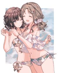 Rule 34 | 2girls, :d, ^ ^, absurdres, bikini, blush, breasts, brown hair, closed eyes, cowboy shot, floral print, hair ornament, hair scrunchie, hairpin, halterneck, hands on another&#039;s shoulders, hands up, highres, higuchi madoka, hug, ichikawa hinana, idolmaster, idolmaster shiny colors, looking at another, medium breasts, migolu, mole, mole under eye, multiple girls, navel, one eye closed, open mouth, parted bangs, parted lips, print bikini, purple eyes, scrunchie, short sleeves, side-tie bikini bottom, smile, standing, stomach, swimsuit, twintails