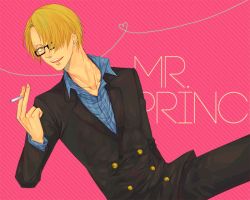 Rule 34 | 1boy, alabasta, blonde hair, blue shirt, character name, cigarette, formal, glasses, hair over one eye, kuru (kzyr), looking at viewer, male focus, one piece, pink background, pixiv sample, sanji (one piece), shirt, smoking, solo, suit