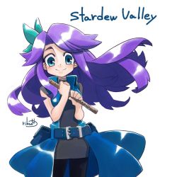 Rule 34 | 1girl, abigail (stardew valley), aqua ribbon, bare arms, bare shoulders, belt, belt buckle, black pantyhose, blue belt, blue coat, blue eyes, breasts, buckle, choker, closed mouth, coat, copyright name, cowboy shot, dress, eyebrows, floating hair, flute, grey choker, grey dress, hair ribbon, holding, holding instrument, instrument, legs apart, long hair, looking at viewer, medium breasts, open clothes, open coat, pantyhose, pouch, purple hair, ribbon, rikuo (whace), short dress, sidelocks, signature, simple background, single hair intake, sleeveless, sleeveless coat, sleeveless dress, smile, solo, standing, stardew valley, white background
