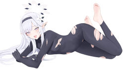 Rule 34 | 1girl, absurdres, barefoot, black bodysuit, black gloves, blue archive, blush, bodysuit, breasts, commentary, covered navel, earrings, feet up, flower, full body, gloves, hair flower, hair ornament, hairband, highres, himari (blue archive), jewelry, kuyoumi, long hair, looking at viewer, lying, on side, open mouth, pointy ears, purple eyes, simple background, small breasts, soles, solo, teeth, tongue, tongue out, torn bodysuit, torn clothes, very long hair, white background, white hair, white hairband
