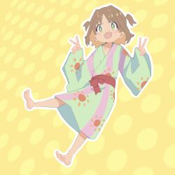 Rule 34 | + +, 1girl, :d, barefoot, blush stickers, brown hair, colored inner hair, commentary, double v, fang, full body, green eyes, gustavo schuler, highres, japanese clothes, kimono, long sleeves, looking at viewer, multicolored hair, oka asahi, onii-chan wa oshimai!, open mouth, orange hair, outline, polka dot, polka dot background, print kimono, sash, short hair, simple background, smile, solo, sun print, two-tone hair, two side up, v, white outline, wide sleeves, yellow background, yukata