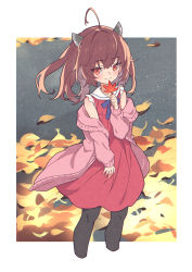 Rule 34 | 1girl, ahoge, autumn leaves, black legwear, brown eyes, brown hair, cardigan, closed mouth, collarbone, commentary request, cropped legs, dress, eyes visible through hair, frilled sleeves, frills, hand up, headgear, highres, holding, holding leaf, leaf, long sleeves, looking at viewer, maple leaf, medium hair, off shoulder, open cardigan, open clothes, outdoors, pink cardigan, pink dress, sailor collar, sailor dress, screentones, sleeveless, sleeveless dress, smile, solo, touhoku kiritan, tsurime, voiceroid, white sailor collar, wind, yamamomo (plank)