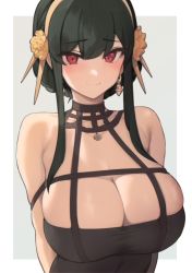 Rule 34 | 1girl, bare shoulders, black dress, black hair, blush, breasts, cleavage, dress, gold hairband, hair ornament, hairband, highres, large breasts, long hair, looking at viewer, red eyes, revision, satou daiji, sidelocks, smile, solo, spy x family, yor briar