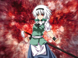 Rule 34 | 1girl, apron, ascot, braid, breasts, clenched hands, fal (falketto), falketto, female focus, fusion, hairband, izayoi sakuya, konpaku youmu, long hair, looking at viewer, red eyes, short sleeves, smile, solo, touhou, twin braids, white hair, wristband