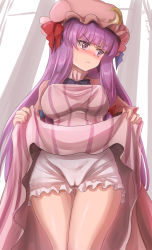 Rule 34 | blue ribbon, blush, breasts, cameltoe, cleft of venus, closed mouth, clothes lift, dress, dress lift, frown, highres, long hair, moon (ornament), namiki (remiter00), pajamas, patchouli knowledge, pink dress, pink headwear, pink pajamas, purple eyes, purple hair, red ribbon, ribbon, solo, thick thighs, thighs, touhou, upshorts, very long hair