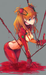 Rule 34 | 1girl, ass, blue eyes, breasts, brown hair, butt crack, covered navel, evangelion: 2.0 you can (not) advance, grey background, hair ornament, highres, interface headset, lips, long hair, looking at viewer, medium breasts, neon genesis evangelion, plugsuit, rebuild of evangelion, shiny clothes, skin tight, solo, souryuu asuka langley, test plugsuit, twintails, two side up