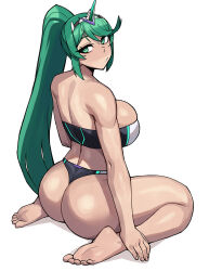 Rule 34 | 1girl, ass, bare shoulders, barefoot, blush, breasts, circlet, commentary, commission, donburi (donburikazoku), feet, from above, from behind, green eyes, green hair, highres, large breasts, long hair, looking at viewer, looking back, pneuma (xenoblade), ponytail, sideboob, soles, solo, strapless, thong, toes, tube top, very long hair, xenoblade chronicles (series), xenoblade chronicles 2