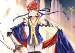 Rule 34 | 1boy, black gloves, blue eyes, collarbone, fire emblem, fire emblem: the binding blade, gloves, hair ribbon, hand on hilt, headband, looking at viewer, male focus, nintendo, pants, red hair, red ribbon, ribbon, roy (fire emblem), shoochiku bai, short hair, solo, sword, thigh gap, torn clothes, weapon, white pants