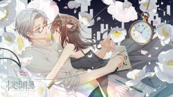 Rule 34 | 1boy, 1girl, black dress, book, brown hair, dress, earrings, flower, glasses, green eyes, highres, holding, holding book, id card, jewelry, long hair, looking at another, mole, mole under eye, official art, open mouth, paper, pen, pocket watch, rosa (tears of themis), shirt, short hair, sleeveless, sleeveless dress, sleeves rolled up, smile, tears of themis, vyn richter (tears of themis), watch, white flower, white hair, white shirt, yellow eyes