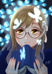 Rule 34 | 1girl, artist name, artist request, blue butterfly, blue dress, blush, book, bow, breasts, brown eyes, brown hair, bug, butt crack, butterfly, buttons, dress, female focus, glasses, hair between eyes, hair bow, highres, holding, holding book, insect, kunikida hanamaru, light brown hair, long hair, looking at viewer, love live!, love live! school idol festival, love live! sunshine!!, matching hair/eyes, mitaiken horizon, nail, nail polish, parted lips, pink nails, ribbon, smile, solo, striped bow, striped ribbon, upper body, white bow, white ribbon, yellow eyes