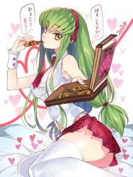 Rule 34 | 1girl, 2014, ass, blush, breasts, c.c., code geass, creayus, dated, eating, female focus, food, green hair, heart, long hair, looking at viewer, medium breasts, necktie, pizza, shiny skin, sitting, skirt, solo, thighhighs, translated, valentine, white thighhighs, yellow eyes