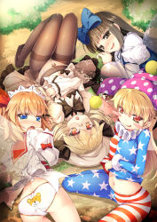 Rule 34 | 4girls, american flag dress, american flag legwear, american flag shirt, animal print, ass, bear panties, bear print, bespectacled, blonde hair, blue bow, blue eyes, blush, blush stickers, bow, brown eyes, brown hair, brown legwear, chestnut mouth, chima q, clothes lift, clownpiece, covered erect nipples, crotch seam, day, dress, dress lift, drill hair, fairy wings, fang, full-face blush, fur trim, glasses, hair bow, hair ribbon, hat, headdress, highres, jester cap, long hair, long sleeves, looking at viewer, looking back, luna child, lying, midriff, multiple girls, naughty face, navel, neck ruff, on back, on side, open clothes, open dress, open mouth, orange hair, outdoors, panties, panties under pantyhose, pantyhose, polka dot, print panties, puffy sleeves, red eyes, ribbon, sash, shirt, shirt lift, sitting, smile, star (symbol), star print, star sapphire, striped, sunny milk, thigh gap, thighband pantyhose, touhou, twintails, unbuttoned, underwear, upside-down, wariza, white dress, white panties, wide sleeves, wings