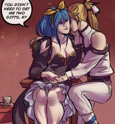 Rule 34 | 1boy, 1girl, blonde hair, blue hair, breasts, cleavage, couple, cup, detached sleeves, dizzy (guilty gear), english text, guilty gear, guilty gear 2, hairband, holding hands, hetero, ky kiske, large breasts, legs together, long hair, muffintosser, aged up, ponytail, red eyes, sitting, tail, teacup