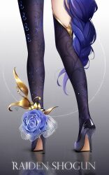 Rule 34 | 1girl, absurdres, artist name, black footwear, black thighhighs, blue flower, blue hair, braid, character name, commentary, english commentary, flower, flower ornament, genshin impact, high heels, highres, legs, long hair, lower body, netapai1, patent heels, pumps, raiden shogun, reflection, reflective floor, shoes, simple background, single braid, solo, standing, stiletto heels, thighhighs