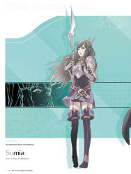 Rule 34 | 1girl, absurdres, armor, belt, boots, breastplate, brown eyes, brown hair, character name, dress, fire emblem, fire emblem awakening, flower, full body, garter straps, gauntlets, hair ornament, highres, holding, kozaki yuusuke, long hair, nintendo, official art, open mouth, page number, polearm, short dress, shoulder armor, simple background, skirt, solo, spear, standing, sumia (fire emblem), thigh boots, thighhighs, thighhighs under boots, weapon