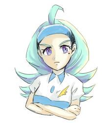 Rule 34 | &gt;:|, 1girl, :|, ahoge, aqua hair, blue hat, buttons, closed mouth, collared shirt, creatures (company), crossed arms, elite four, feathers, game freak, hat, kahili (pokemon), kure (c lay90), long hair, looking at viewer, mole, mole under eye, nintendo, pokemon, pokemon sm, purple eyes, shirt, short sleeves, simple background, sketch, solo, striped clothes, striped shirt, v-shaped eyebrows, visor cap, white background