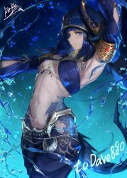 Rule 34 | 1girl, arabian clothes, arm up, armpits, au ra, warrior of light (ff14), blue eyes, blue hair, breasts, closed mouth, commission, cowboy shot, dancer (final fantasy), detached sleeves, dragon girl, dragon tail, fictional persona, final fantasy, final fantasy xiv, harem outfit, harem pants, head scarf, highres, horn ornament, horns, jewelry, looking at viewer, medium hair, navel, outstretched arms, pants, peperon (peperou), scales, signature, small breasts, smile, solo, splashing, stomach, tail, upper body, water