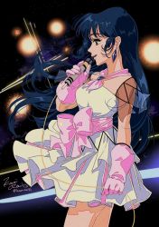 Rule 34 | 1girl, absurdres, blue eyes, breasts, cable, choujikuu yousai macross, dress, earrings, explosion, from side, gloves, hair behind ear, highres, holding, holding microphone, jewelry, kisumi rei, long hair, lynn minmay, macross, macross: do you remember love?, medium breasts, microphone, music, open mouth, pink gloves, signature, singing, smile, solo, space, twitter username, white dress