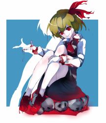 Rule 34 | 1girl, :&gt;, ascot, bare legs, black dress, blonde hair, blood, blood on clothes, blood on hands, bloody clothes, bloody dress, bloody tears, blue background, bone, border, collared shirt, dress, evil smile, full body, hair ribbon, hand on leg, head tilt, highres, ikurauni, knees up, loafers, open hand, outside border, pale skin, red eyes, red footwear, red ribbon, ribbon, rumia, shirt, shoes, short hair, silhouette, simple background, skull, smile, solo, thighs, touhou, white border, white shirt