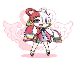 Rule 34 | 1girl, :d, black ribbon, breasts, chan co, chibi, dress, full body, hair over one eye, headphones, jacket, long hair, medium breasts, multicolored hair, one piece, one piece film: red, open mouth, oversized clothes, purple hair, red hair, ribbon, sleeves past fingers, sleeves past wrists, smile, solo, split-color hair, uta (one piece), white background, white hair
