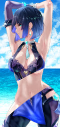 Rule 34 | 1girl, aqua eyes, armpits, arms behind head, bare shoulders, blue hair, blue sky, bracelet, breasts, cleavage, cloud, colored inner hair, day, diagonal bangs, dice, earrings, elbow gloves, genshin impact, gloves, highres, jewelry, large breasts, mole, mole on breast, multicolored hair, navel, neck tassel, ocean, purple hair, short hair, single elbow glove, sky, solo, stomach, tassel choker, uenoryoma, underboob, vision (genshin impact), yelan (genshin impact)