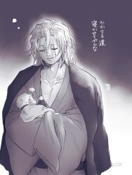 Rule 34 | 1boy, 1other, affectionate, baby, baby carry, carrying, clothes grab, collarbone, crossed arms, father and child, fatherly, hair between eyes, haori, happy, highres, japanese clothes, kimetsu no yaiba, kimono, long sleeves, maccya zatta, male focus, monochrome, no eyepatch, obi, sash, scar, scar across eye, sleeves past fingers, sleeves past wrists, upper body, uzui tengen