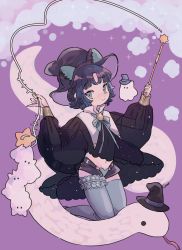 Rule 34 | 1girl, animal ears, black hair, bow, cat ears, cat girl, cat tail, clothing request, commentary request, copyright request, frills, ghost, green eyes, hat, highres, jikuno, looking at viewer, magic, purple background, see-through, short hair, simple background, smoke, smoke trail, snake, solo, sparkle, star (symbol), tagme, tail, thighhighs, wand, witch hat
