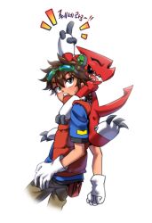Rule 34 | 2boys, absurdres, digimon, goggles, goggles on head, highres, kudou taiki, multiple boys, shoutmon, simple background, tail, white background